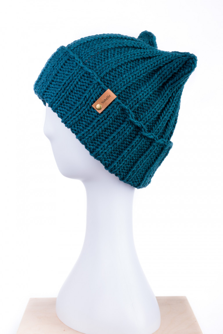 100% Merino Wool Chunky Knit Cat Ear Hat - Teal