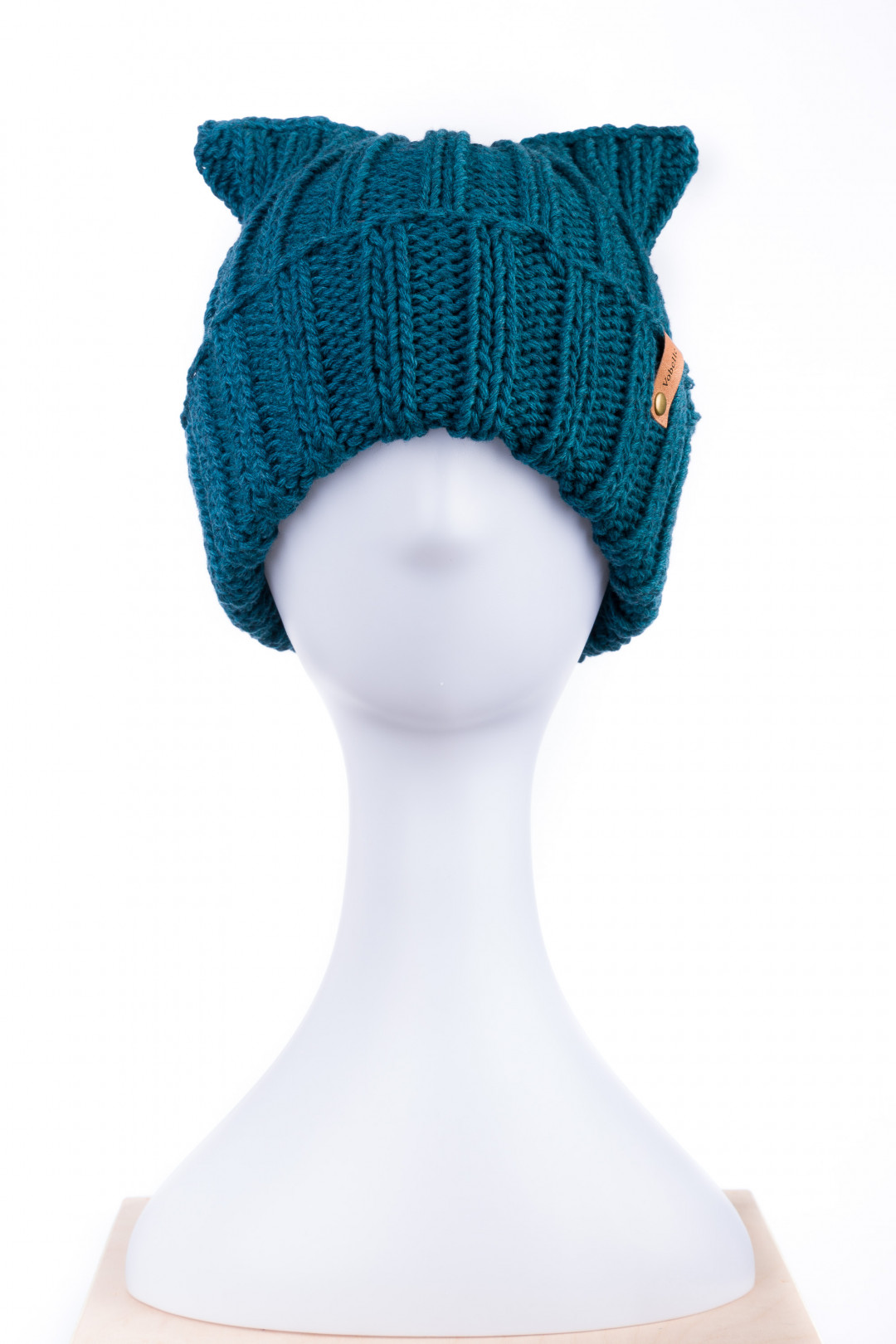 100% Merino Wool Chunky Knit Cat Ear Hat - Teal