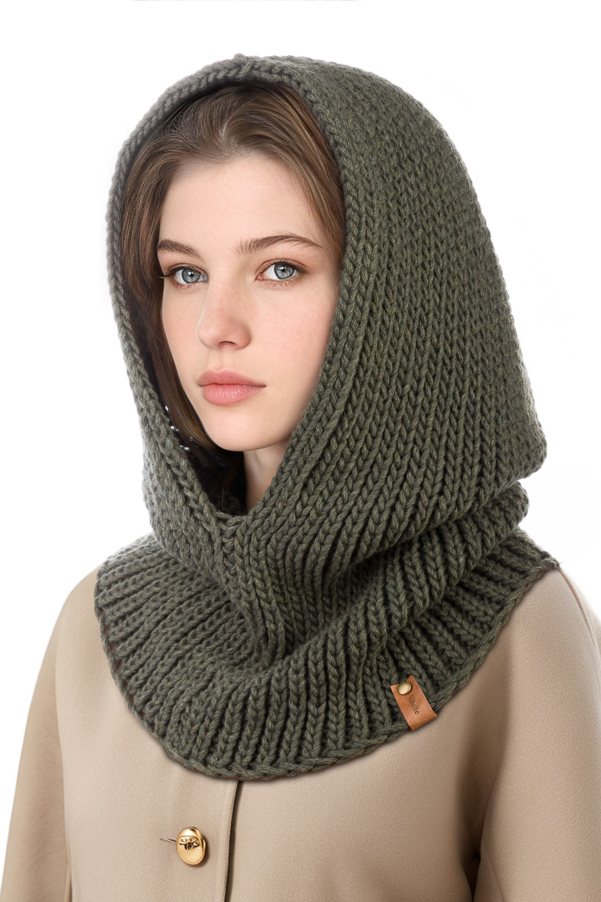 Merino Wool Chunky Knit Hood - Dark Green - Vobelle