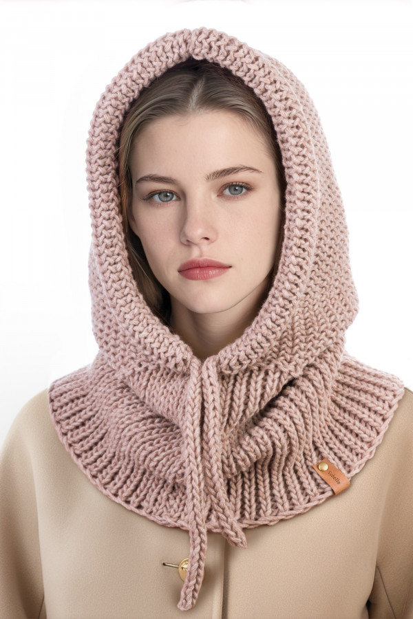 Merino Wool Knit Hood with Braided Drawstring - Camel