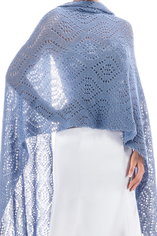 Luxury Peacock Patterned Lace Shawl Wrap - Dusty Blue