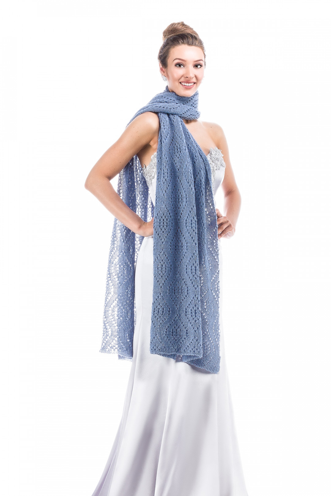 Luxury Peacock Patterned Lace Shawl Wrap - Dusty Blue