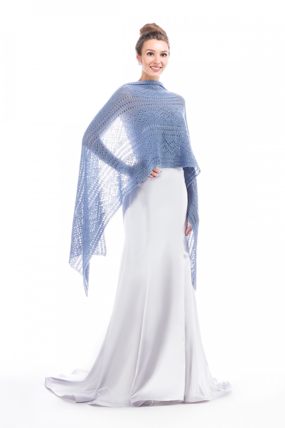 Hand knitted Lace Evening Shawl - Dusty Blue