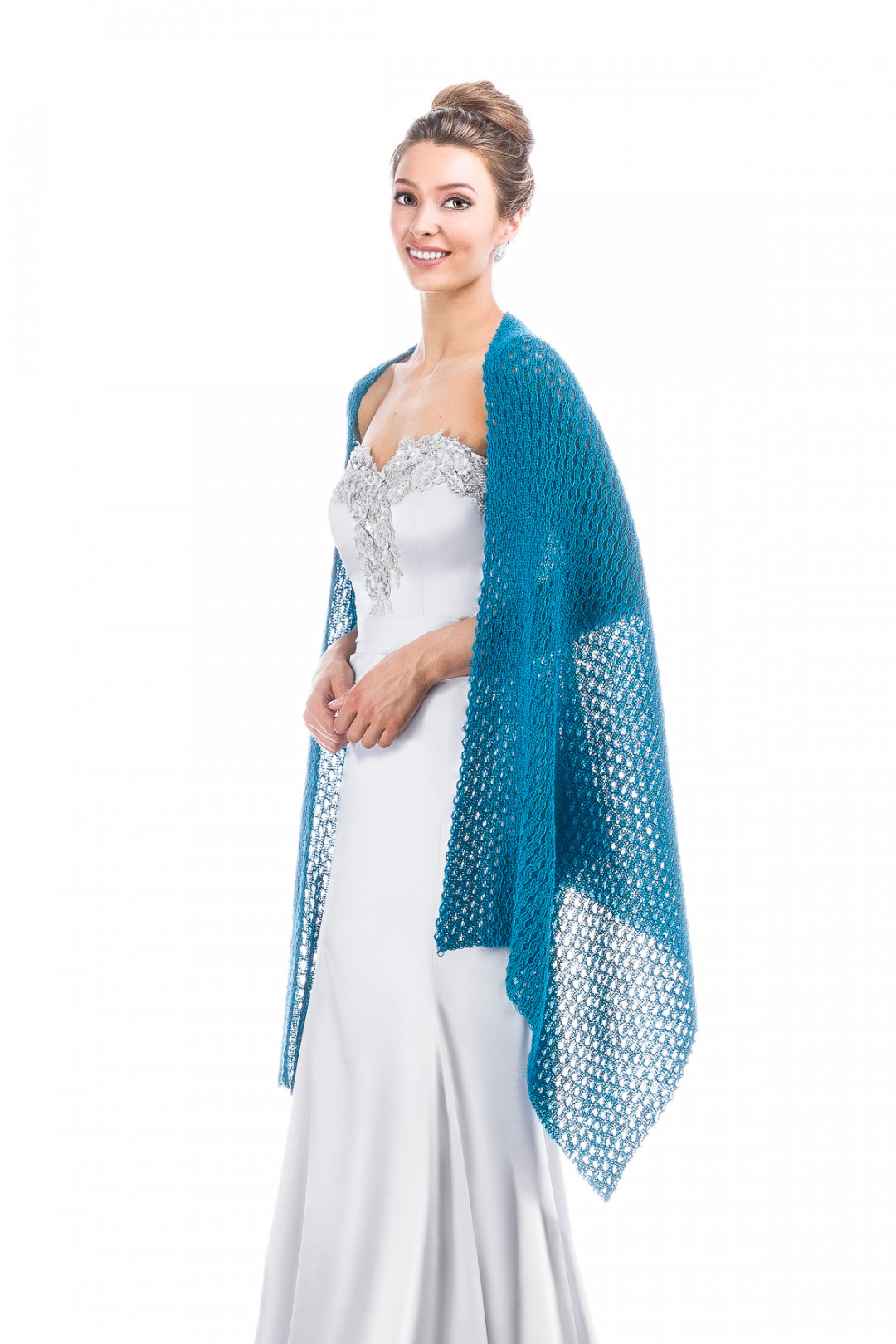 Special occasion Shawl Rose Bud Lace Patterned - Teal Blue