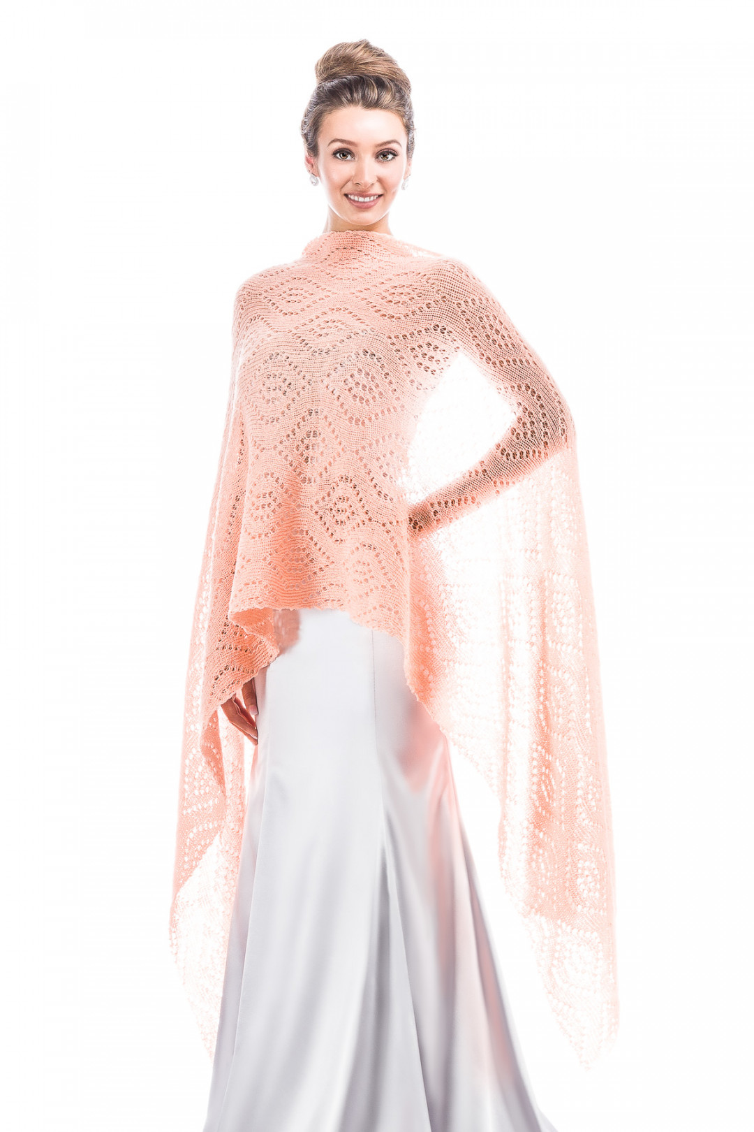 Luxury Peacock Patterned Lace Shawl Wrap - Peach Coral