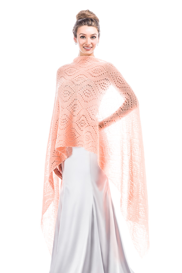 Luxury Peacock Patterned Lace Shawl Wrap - Peach Coral