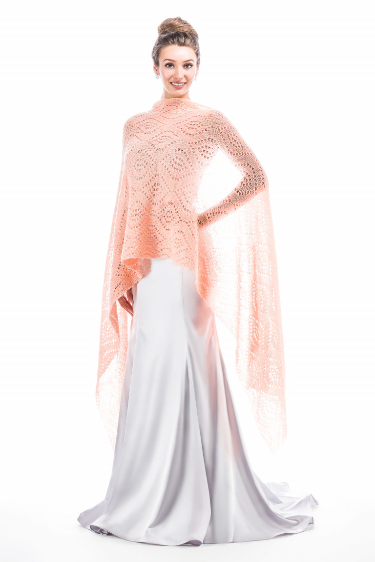 Luxury Peacock Patterned Lace Shawl Wrap - Peach Coral