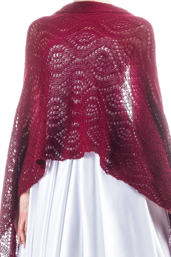 Luxury Peacock Patterned Lace Shawl Wrap - Dark Red