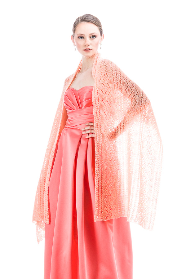 Hand knitted Lace Evening Shawl - Coral