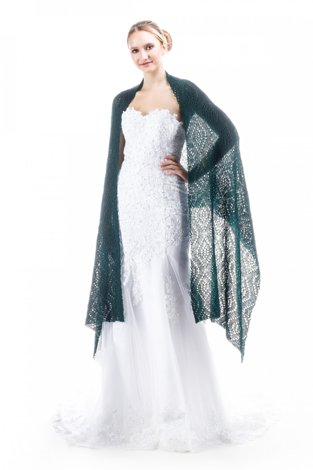 Luxury Peacock Patterned Lace Shawl Wrap - Green