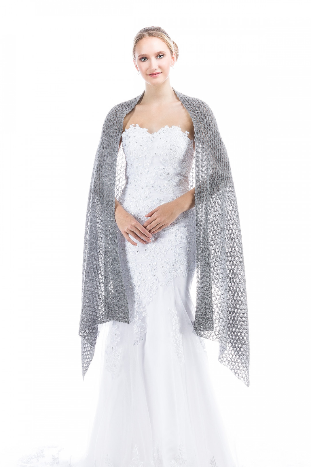 Knitted Lace Wedding Shawl Wrap - Gray