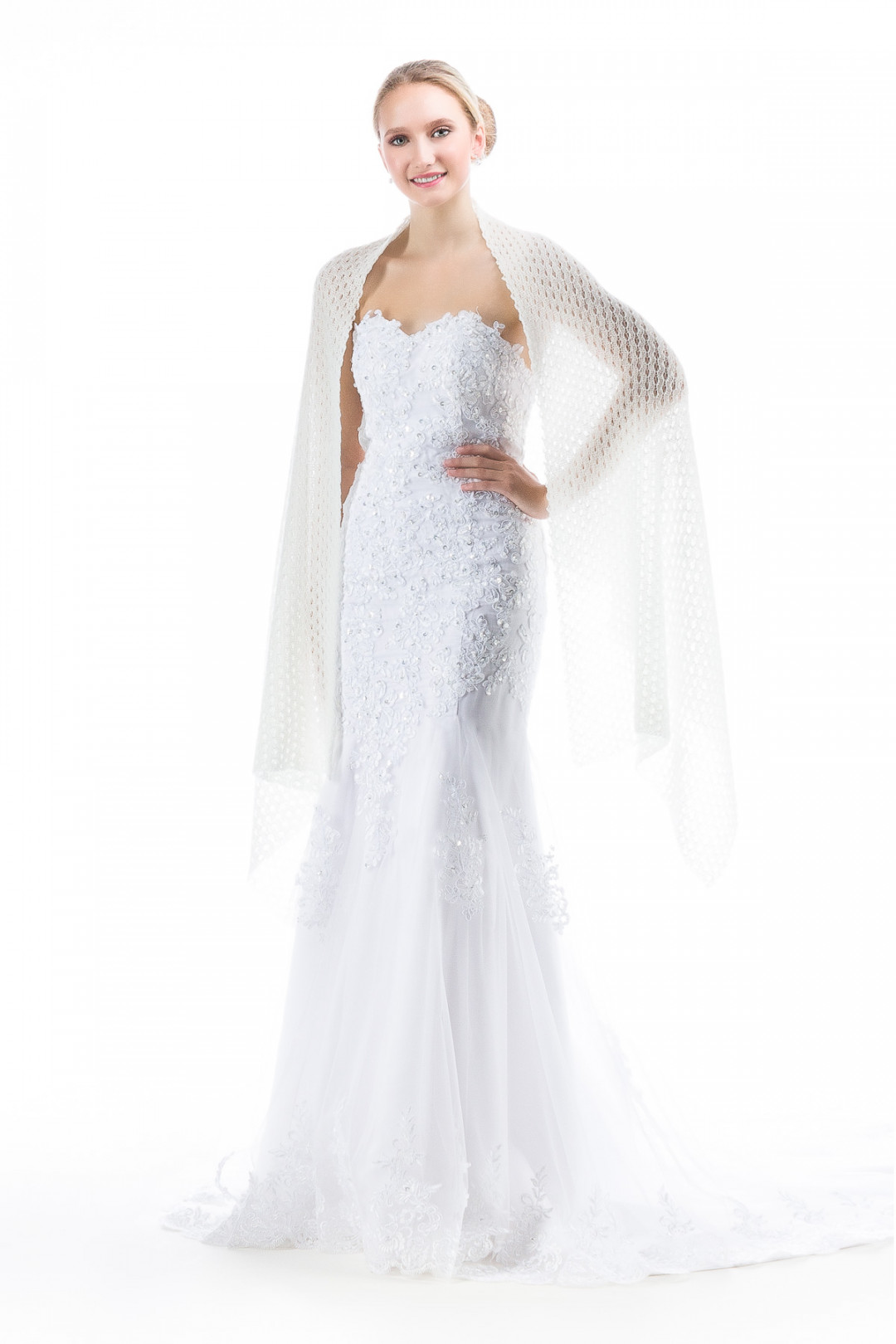 Knitted Lace Wedding Shawl Wrap - Ivory