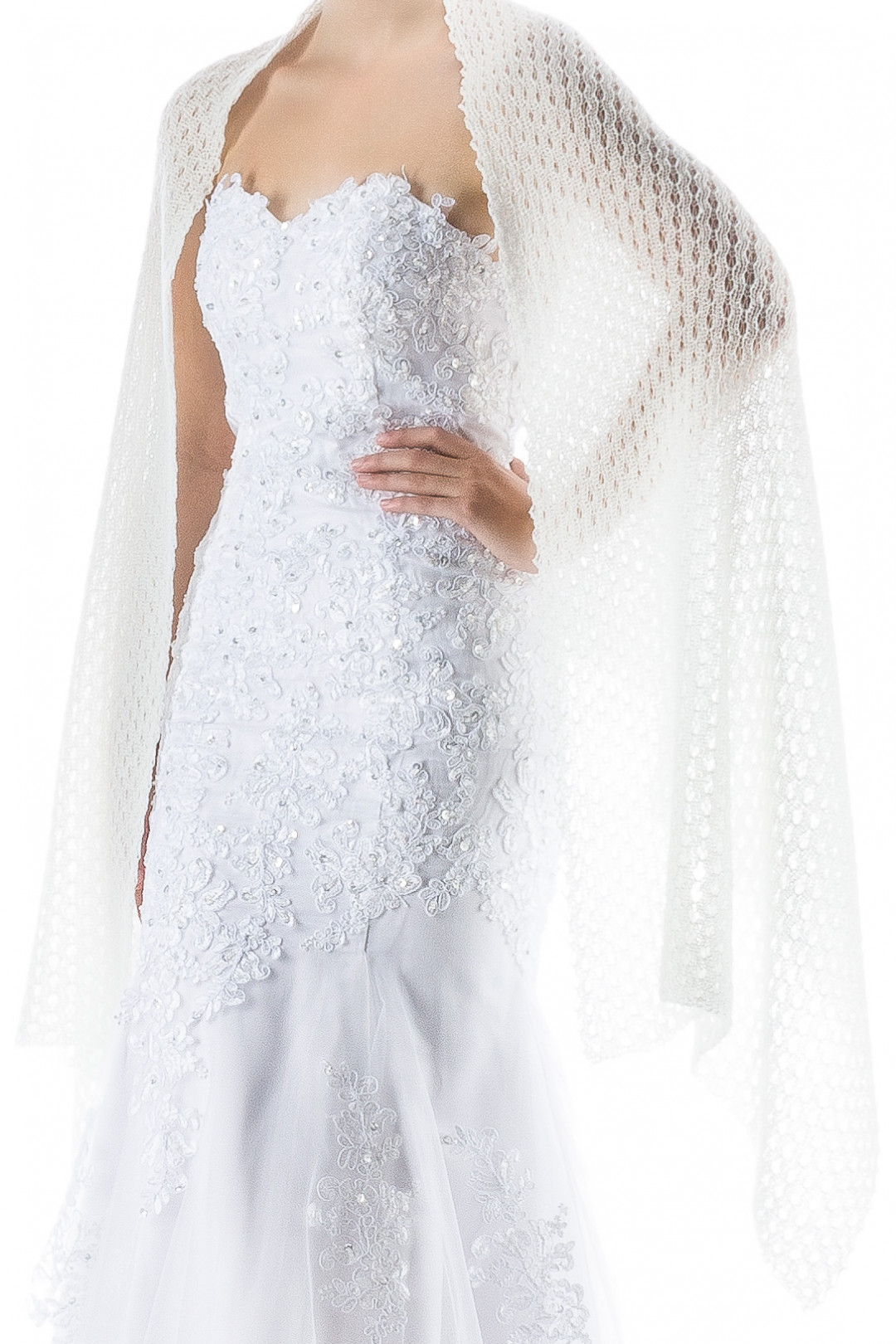 Knitted Lace Wedding Shawl Wrap - Ivory